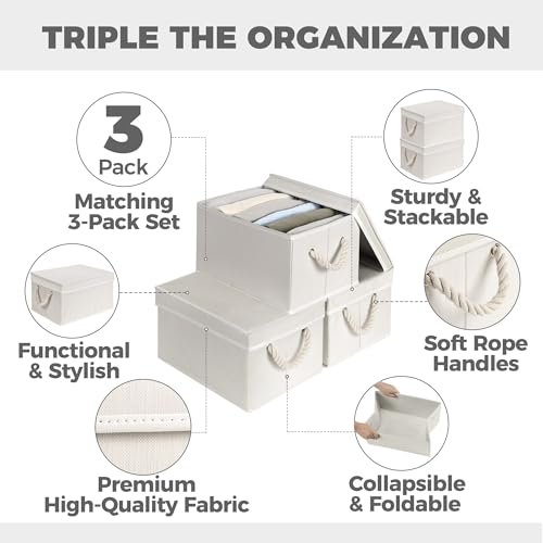 Storage Standard Set of 3 Fabric Bins for Organization - Foldable & Stackable With Lid & Rope Handles - Collapsible Fabric Storage Cubes Lightweight & Sturdy Bottom, Space Saving Collapsible Bin, Ivory - Image 2