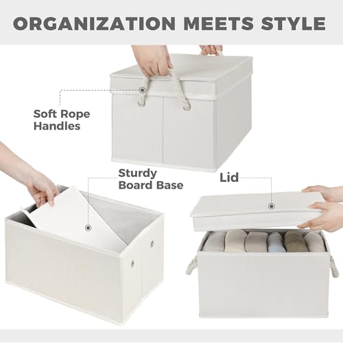 Storage Standard Set of 3 Fabric Bins for Organization - Foldable & Stackable With Lid & Rope Handles - Collapsible Fabric Storage Cubes Lightweight & Sturdy Bottom, Space Saving Collapsible Bin, Ivory - Image 5