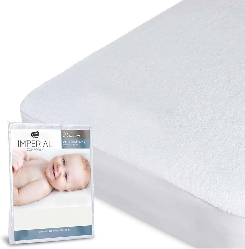 Imperial Comforts Waterproof Crib Mattress Protector, 70x140cm White Machine Washable, TPU Membrane, 1-Pack 52x28 inches - Image 1