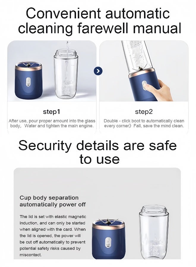 توبليو خلاط رياضي صغير ومحمول وصانع سموذي سعة 400 مل، قابل لإعادة الشحن عبر USB بسعة 1500 مللي أمبير، 70 واط، 21000 هرتز، أزرق/شفاف - Image 5