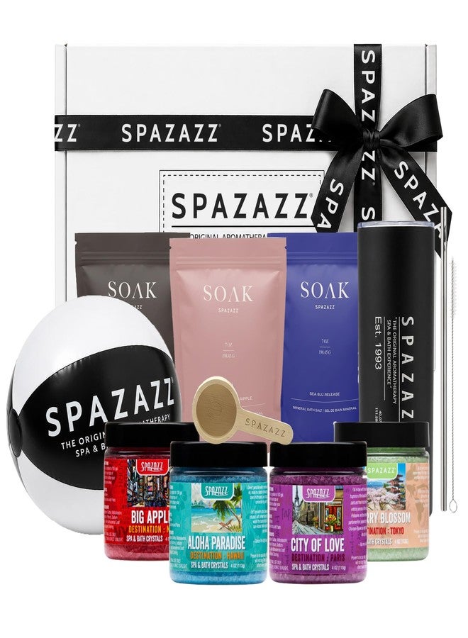 Spazazz Gift Bundle Set - 7oz Aromatherapy Mineral Bath Soak Variety & 4oz Destination Collection Bath Salts, Tumbler, Straws, Bath Salt Scoop & Mini Beach Ball - Relaxation Spa Gift Box Set - Image 1