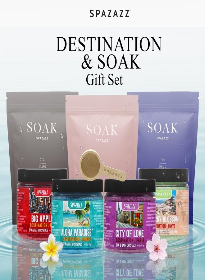 Spazazz Gift Bundle Set - 7oz Aromatherapy Mineral Bath Soak Variety & 4oz Destination Collection Bath Salts, Tumbler, Straws, Bath Salt Scoop & Mini Beach Ball - Relaxation Spa Gift Box Set - Image 2