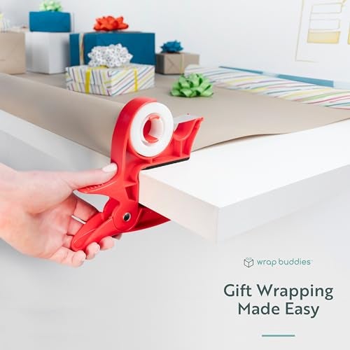 Wrap Buddies Tabletop Gift Wrapping Tool with Tape Dispenser – Set of 2 Adjustable Wrapping Paper Table Clamps with Craft Tape Dispenser - Perfect for Holidays and Crafting - Cherry Red - Image 5