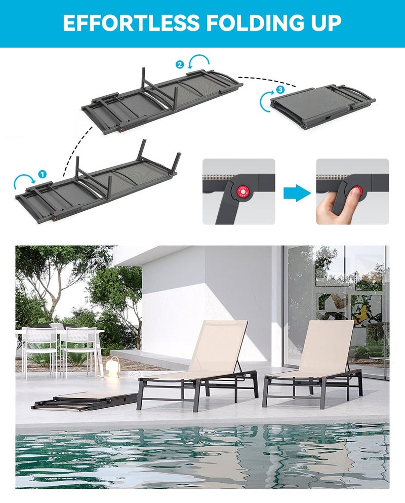 FHVIT Aluminum Chaise Lounge Chair Outdoor, Foldable Patio Lounge Chair Assemble-Free, Pool Lounge Chairs with 5 Adjustable Backrest, Outdoor Lounge Chairs for Outside Poolside Beach Lawn Beige - Image 3