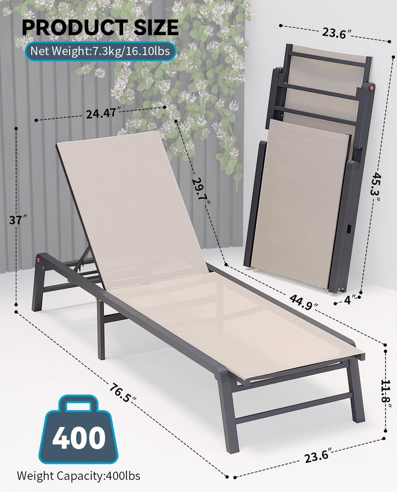 FHVIT Aluminum Chaise Lounge Chair Outdoor, Foldable Patio Lounge Chair Assemble-Free, Pool Lounge Chairs with 5 Adjustable Backrest, Outdoor Lounge Chairs for Outside Poolside Beach Lawn Beige - Image 2