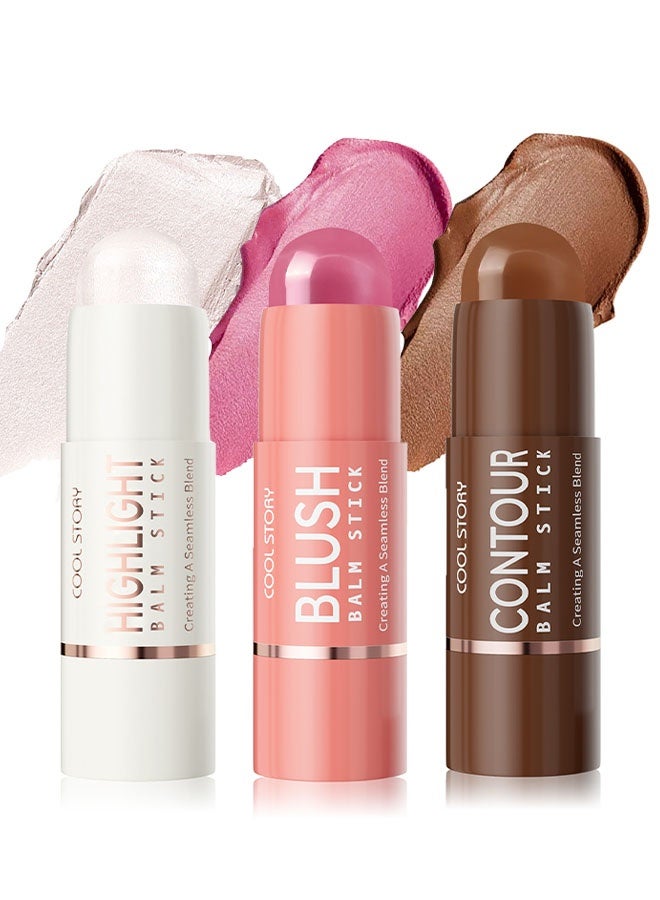 3-in-1 Highlighter Blush & Contour Balm Stick, Highlighter, Blush and Contour Balm Stick, Cream Formula for Face Contouring, Professional Cosmetic Kit (SET A Fiar)