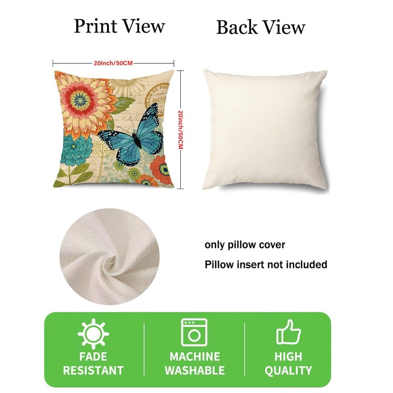 wyooxoo Spring Summer Pillow Covers 20x20 Set of 4 Farmhouse Throw Pillow Covers Linen Flower Butterfly Decorative Pillowcases for Sofa Couch Living Room Outdoor - Image 4