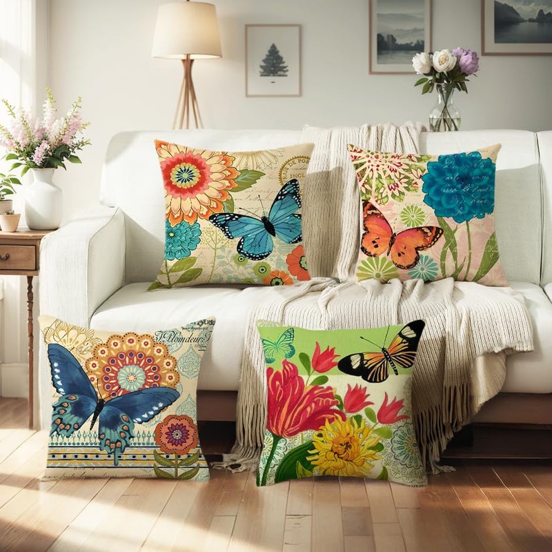 wyooxoo Spring Summer Pillow Covers 20x20 Set of 4 Farmhouse Throw Pillow Covers Linen Flower Butterfly Decorative Pillowcases for Sofa Couch Living Room Outdoor - Image 2