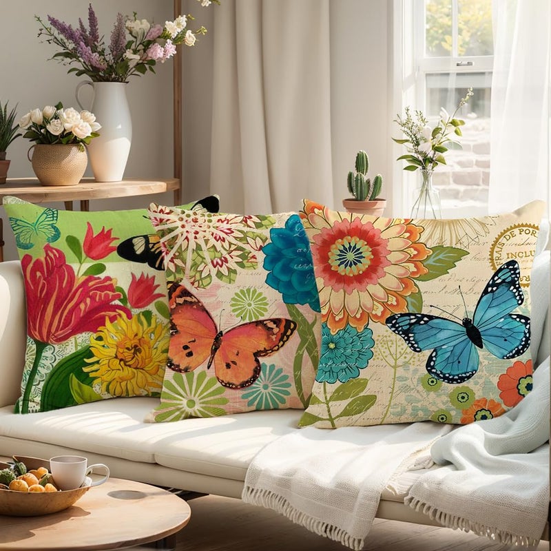 wyooxoo Spring Summer Pillow Covers 20x20 Set of 4 Farmhouse Throw Pillow Covers Linen Flower Butterfly Decorative Pillowcases for Sofa Couch Living Room Outdoor - Image 3