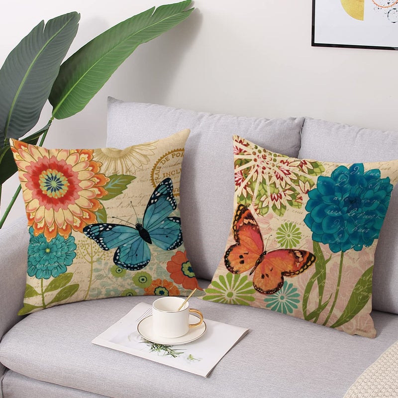 wyooxoo Spring Summer Pillow Covers 20x20 Set of 4 Farmhouse Throw Pillow Covers Linen Flower Butterfly Decorative Pillowcases for Sofa Couch Living Room Outdoor - Image 5