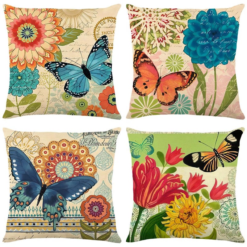 wyooxoo Spring Summer Pillow Covers 20x20 Set of 4 Farmhouse Throw Pillow Covers Linen Flower Butterfly Decorative Pillowcases for Sofa Couch Living Room Outdoor - Image 1