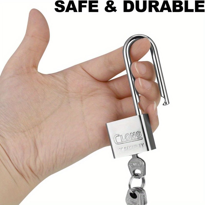 Heavy Duty Silver Metal Padlock Rust Resistant Long Shackle For Warehouse Gym Locker Fence And Garage With One Key - Image 2