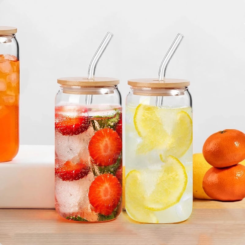 HAPPY BORN Beer Can Shape Drinking Glasses with Airtight Wooden Lid and Straw Mason Sipper Travel Home Office Fruit Juice Cocktail Soda Iced Tea Coffee Hot Cold Beverage Tumbler 510ml Pack of 2 - Image 1