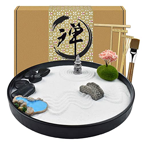 Artcome حديقة الرمل اليابانية Zen Artcome للمكتب مع مجرفة وحامل وصخور ومقالات تزيين صغيرة ملحقات طاولة المكتب مجموعة حديقة الرمل Zen الصغيرة هدايا التأمل - Image 1