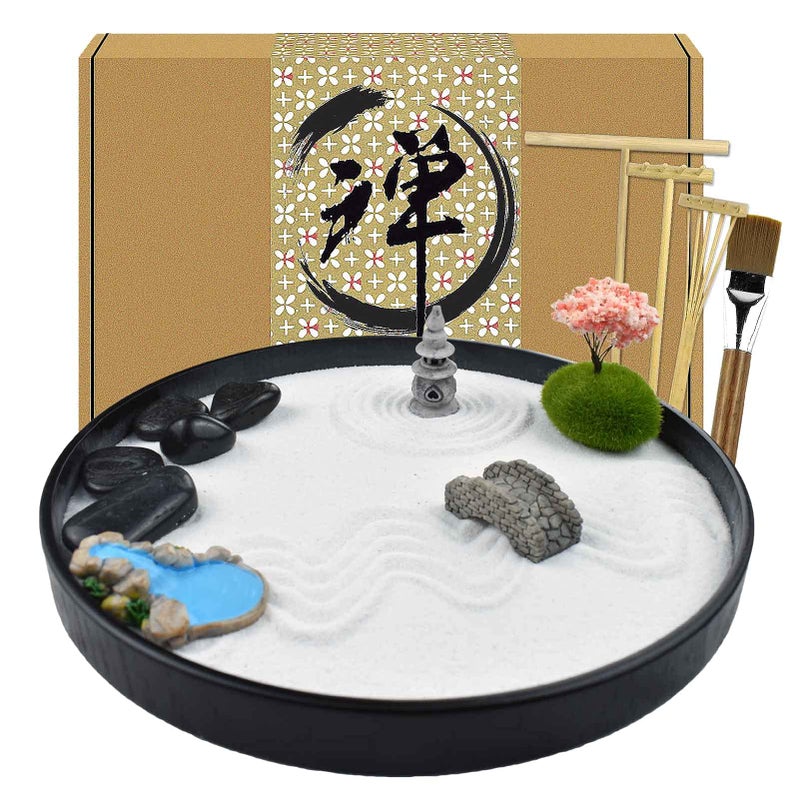 Artcome حديقة الرمل اليابانية Zen Artcome للمكتب مع مجرفة وحامل وصخور ومقالات تزيين صغيرة ملحقات طاولة المكتب مجموعة حديقة الرمل Zen الصغيرة هدايا التأمل - Image 2