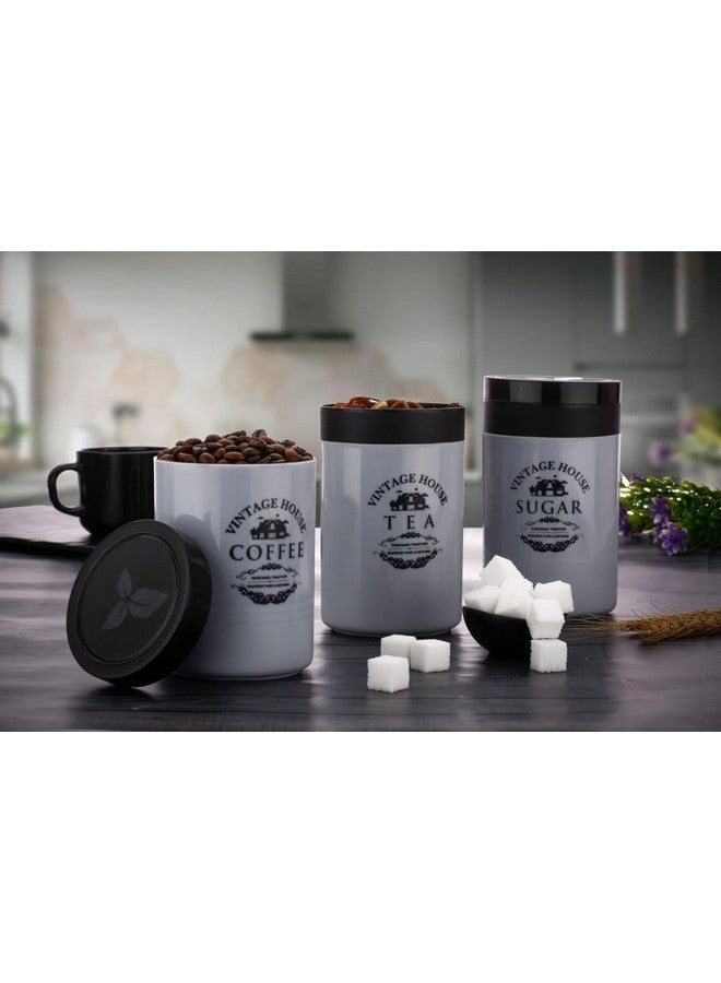 Tosaa Tea Sugar Coffee Container Set Of 3 | Kitchen Counter Top Airtight Storage Canister With Lids (Gray, 800ml, Plastic)