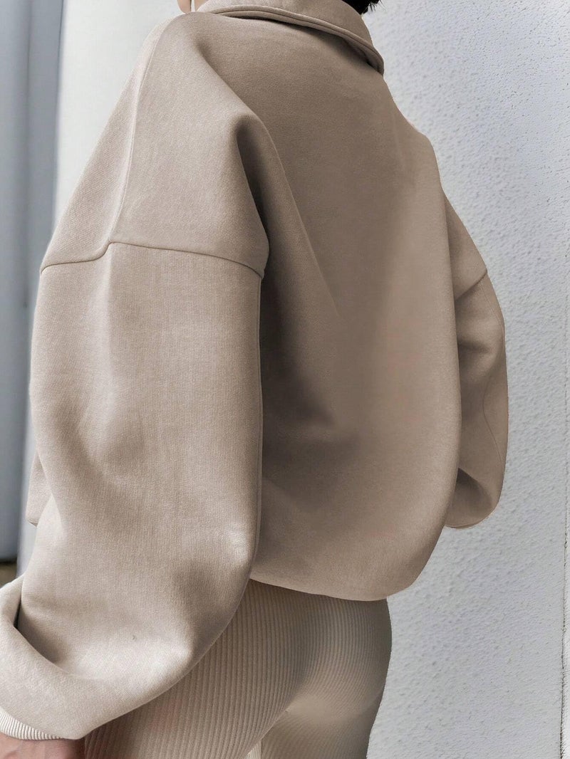 SXV STYLE Half-Zip Pullover Sweatshirt, Oversized Fit (in, Alpha, S, Beige) - Image 2