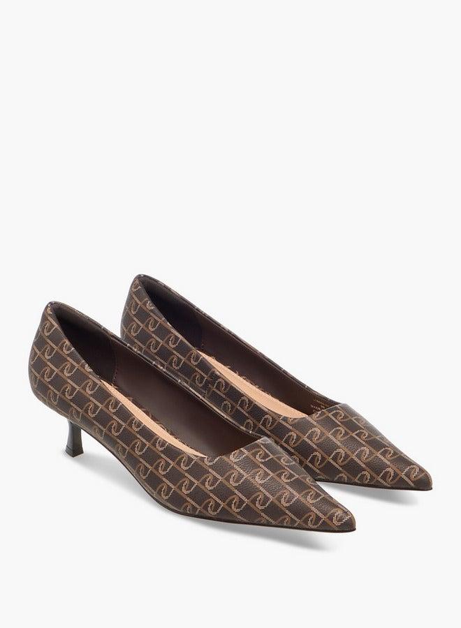 Paprika Monogram Print Pointed Toe Slip-On Pumps with Kitten Heels - Image 3