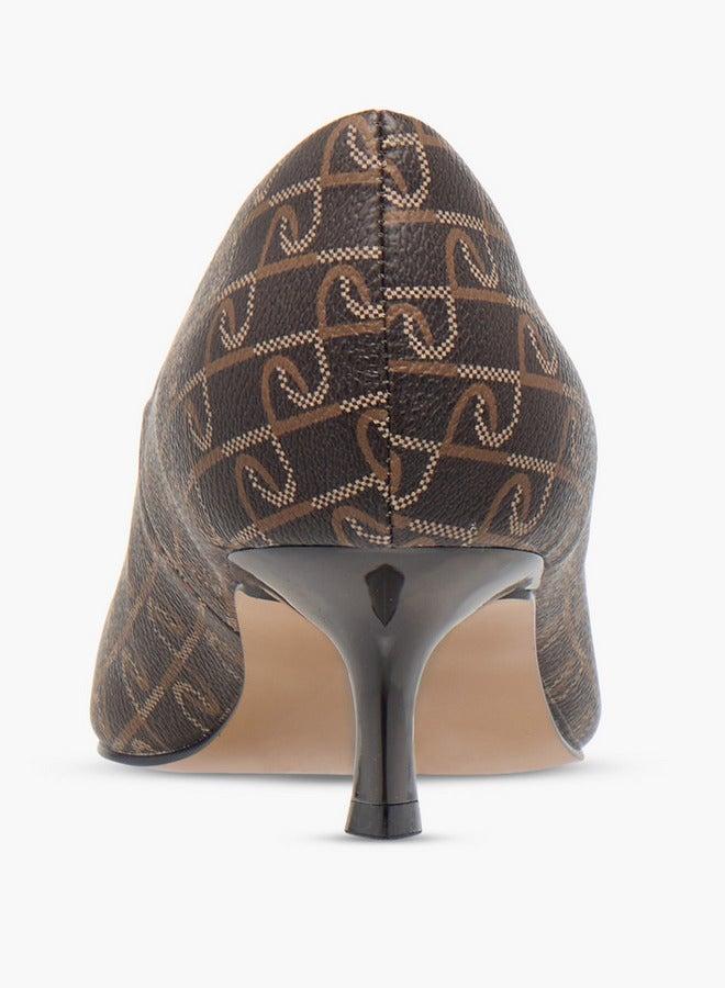 Paprika Monogram Print Pointed Toe Slip-On Pumps with Kitten Heels - Image 5