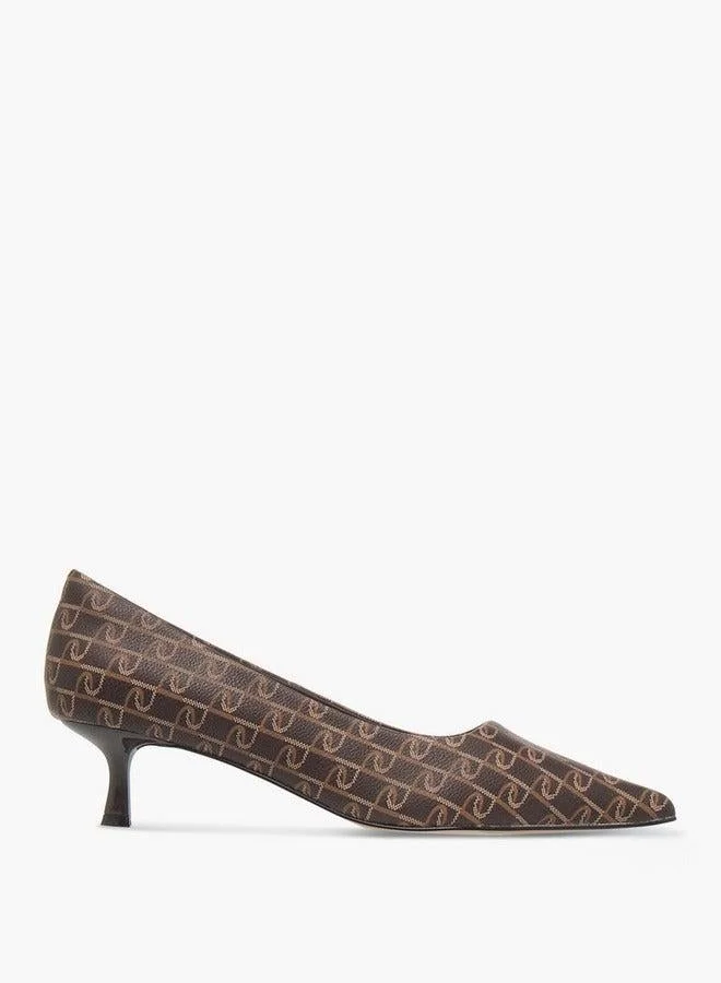 Paprika Monogram Print Pointed Toe Slip-On Pumps with Kitten Heels