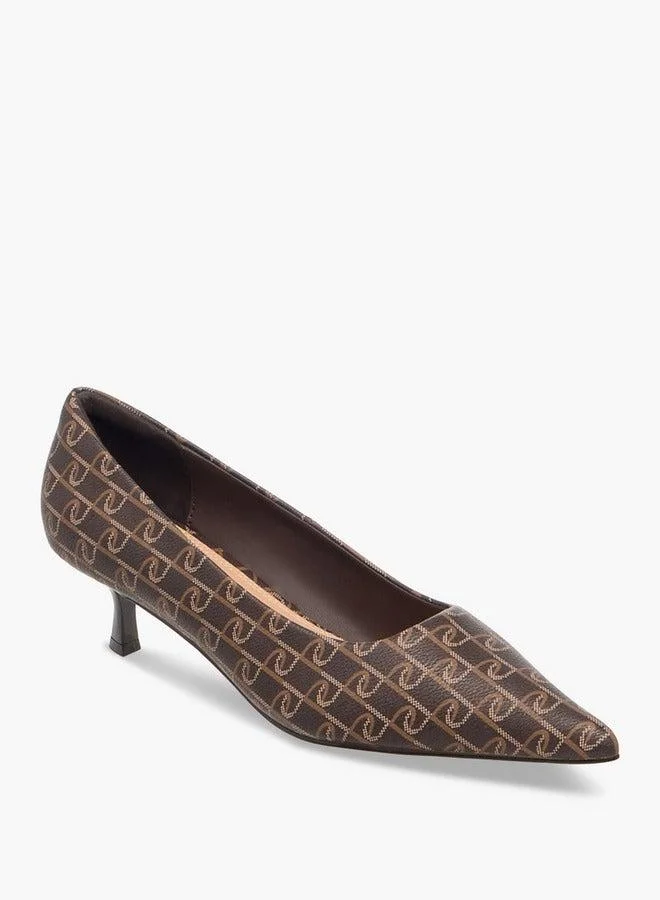 Paprika  Monogram Print Pointed Toe Slip-On Pumps with Kitten Heels  | Best Price UAE
