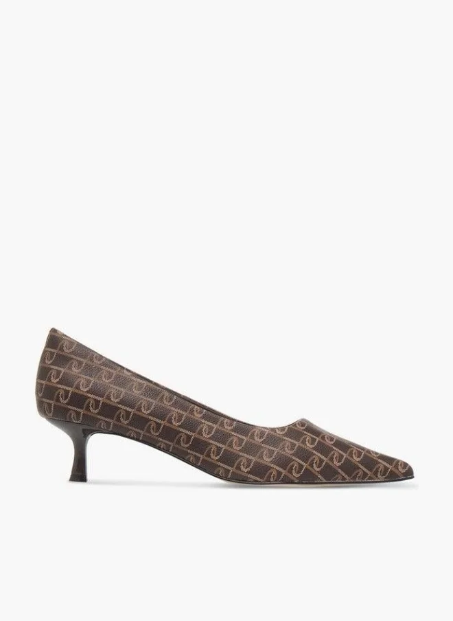 Paprika Monogram Print Pointed Toe Slip-On Pumps with Kitten Heels