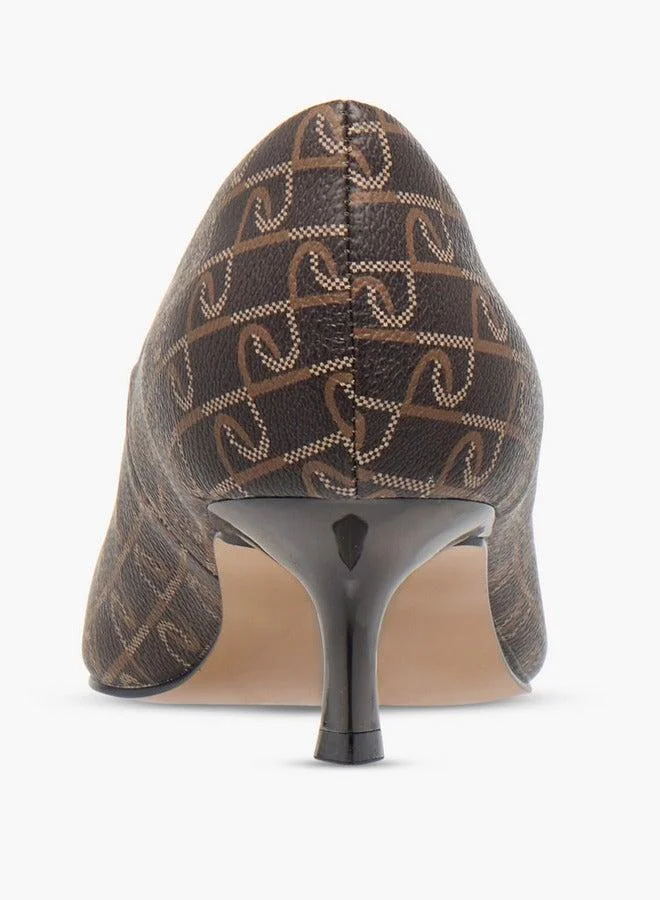 Paprika  Monogram Print Pointed Toe Slip-On Pumps with Kitten Heels  | Best Price UAE