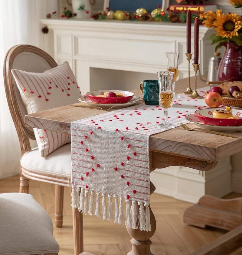 Caflife Christmas Table Runner 13 x 108 Inch Long Natural Cotton Woven Runner with Tassels for Home Dining Christmas Decorations, for Modern Farmhouse Holiday Boho Table Runner, Red and Beige - Image 3