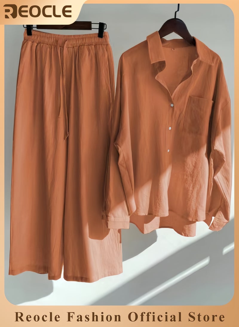 ريوكل طقم نسائي من قطعتين مصنوع من القطن والكتان ملابس رجعية مريحة وقابلة للتنفس قميص بأزرار وأكمام طويلة مع سروال واسع الأرجل بخصر مرتفع - Image 1