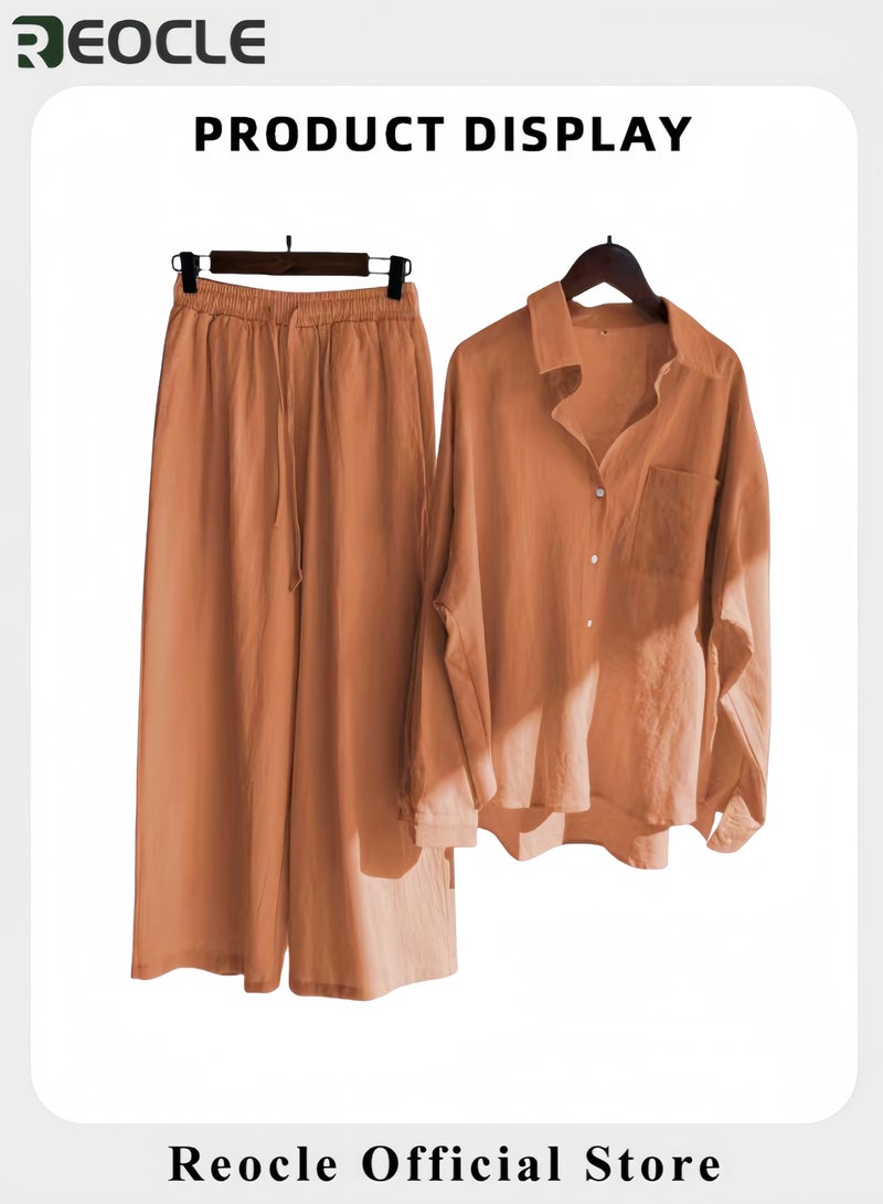 ريوكل طقم نسائي من قطعتين مصنوع من القطن والكتان ملابس رجعية مريحة وقابلة للتنفس قميص بأزرار وأكمام طويلة مع سروال واسع الأرجل بخصر مرتفع - Image 2