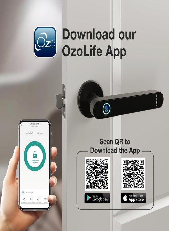 Speedy Smart Bluetooth Door Lock for Wooden Doors | Fingerprint, App and Key Access | Fits 35-50mm Doors | Free Installation | 2 Year Warranty | Black - Image 3