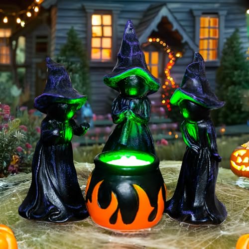 NEROSUN 4 PCS Halloween Miniature Witches Cauldron Figurine Table Decoration, Resin Scary Witches Lighted up Cauldron, Halloween Festival Supplies Indoor Outdoor Shelf Fireplace Home Decor - Image 1
