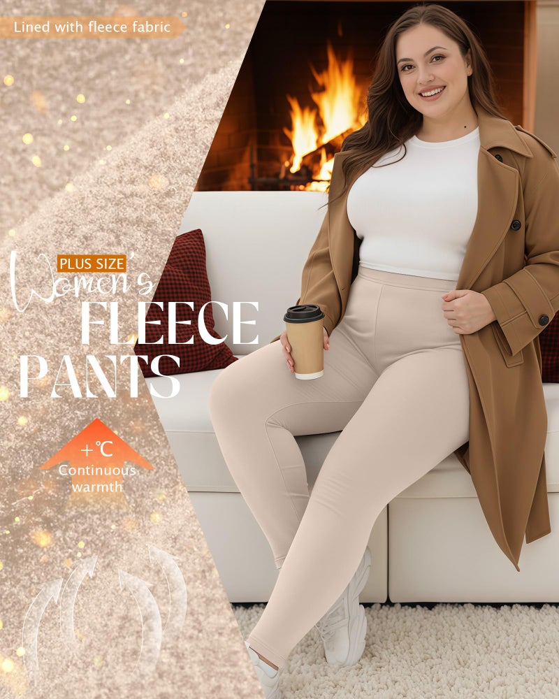 Evervibe 3 Pack Women's Plus Size Fleece Lined Thermal Underwear Pants Elastic High Waist Stretchy Base Layer Pants XL-5XL(Black, Khaki, Apricot,X-Large) - Image 3