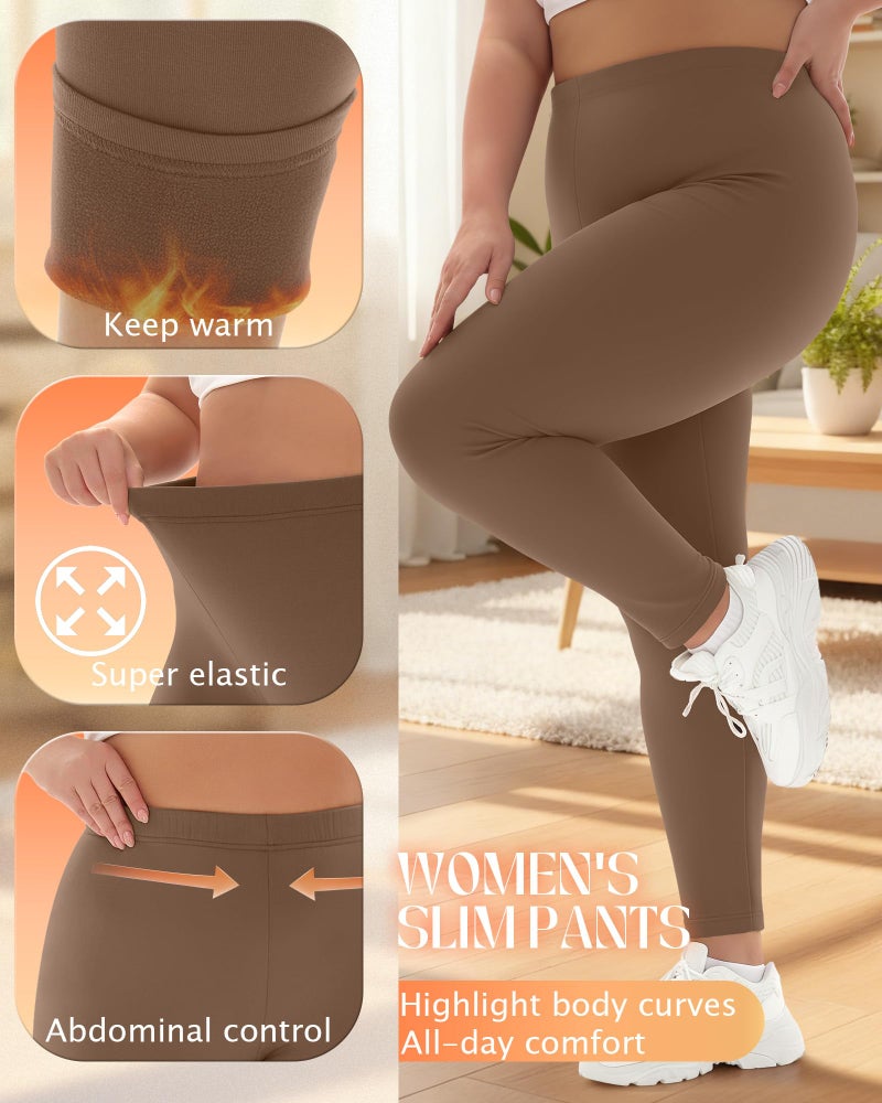 Evervibe 3 Pack Women's Plus Size Fleece Lined Thermal Underwear Pants Elastic High Waist Stretchy Base Layer Pants XL-5XL(Black, Khaki, Apricot,X-Large) - Image 5