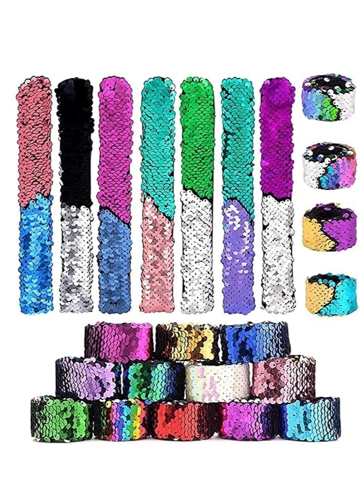 FengSVMA 12 Pack Mermaid Slap Bracelets Mermaid Party Favors, Two-Color Decorative Reversible Sequin Bracelets,Birthday Party Favors Supplies Gifts for Girls Kids,Color Random - Image 1