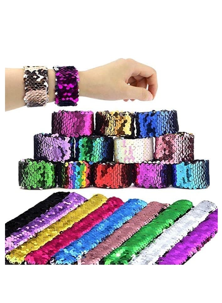 FengSVMA 12 Pack Mermaid Slap Bracelets Mermaid Party Favors, Two-Color Decorative Reversible Sequin Bracelets,Birthday Party Favors Supplies Gifts for Girls Kids,Color Random - Image 3