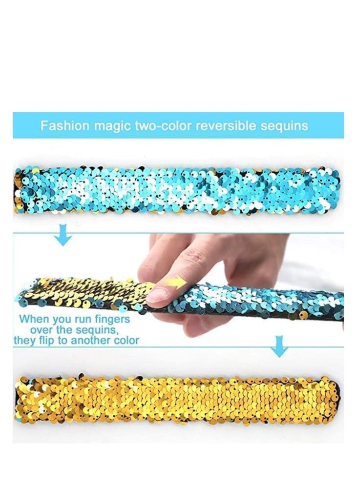 FengSVMA 12 Pack Mermaid Slap Bracelets Mermaid Party Favors, Two-Color Decorative Reversible Sequin Bracelets,Birthday Party Favors Supplies Gifts for Girls Kids,Color Random - Image 5