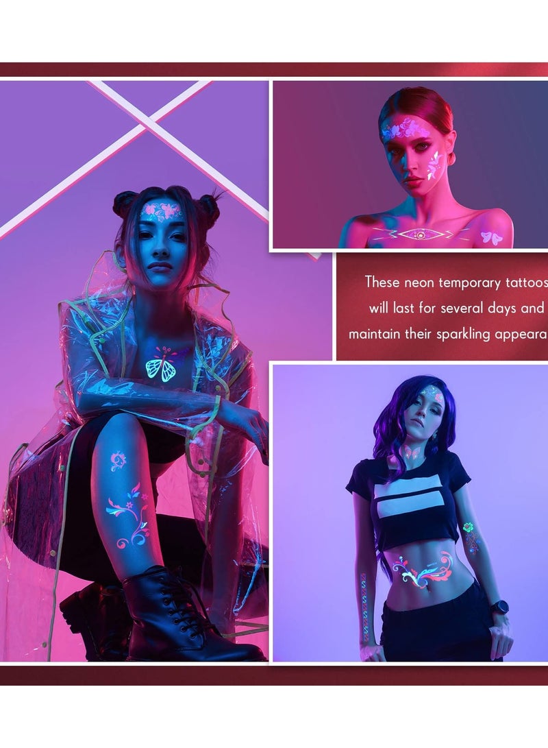 SYOSI 12 Sheets Temporary Tattoos, Large Glow In The Dark Tattoo Neon Temporary Makeup, Festival Accessory, Fake Face Butterfly Tattoo UV Blacklight For Women Party Supplies (Butterfly Style) - Image 3