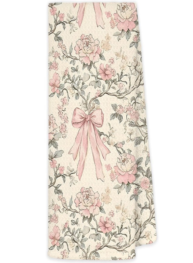 JINYO Chinoiserie Floral Kitchen Towels, Coquette Bow Preppy Hand Towels for Bathroom, Light Yellow and Light Pink Coquette Bathroom Kitchen Decor, 16x24 Inch - Image 1