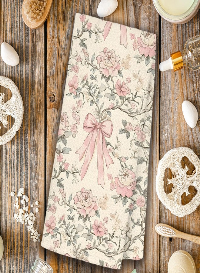 JINYO Chinoiserie Floral Kitchen Towels, Coquette Bow Preppy Hand Towels for Bathroom, Light Yellow and Light Pink Coquette Bathroom Kitchen Decor, 16x24 Inch - Image 3