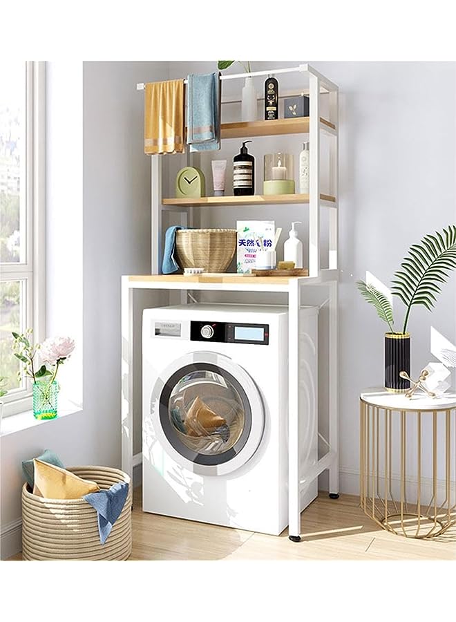 Drum Washing Machine Storage Rack Over Toilet Shelf Space Saver Bathroom Laundry Shelf Free Standing Hanging Shelves With Hanging Rod Multi Functional (White)  - Image 1