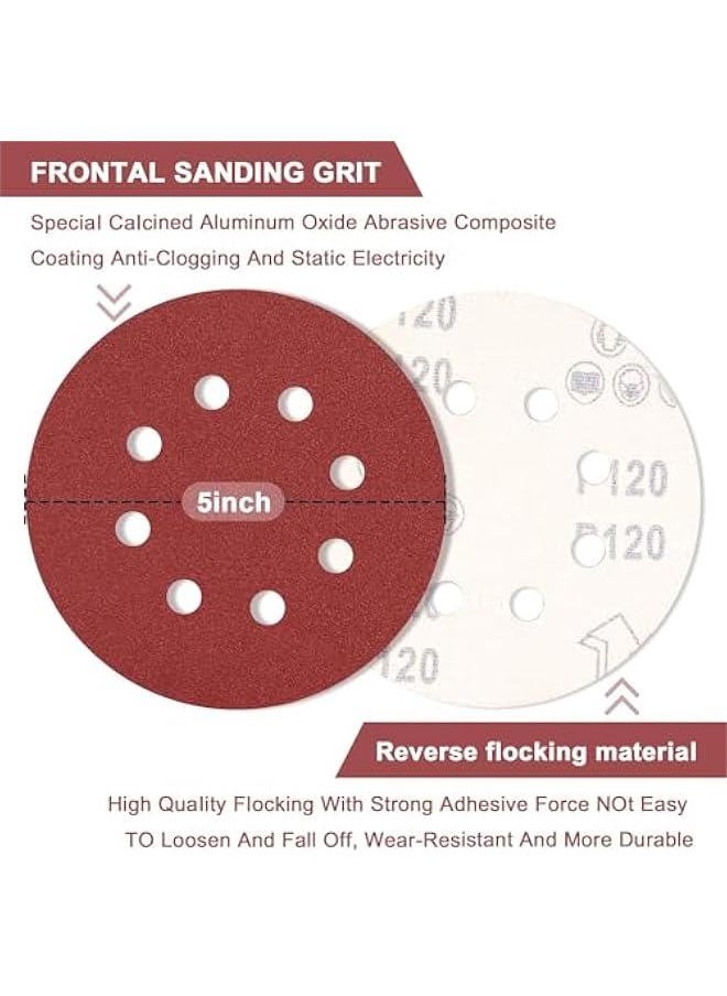 5 inch 8 Hole Sanding Discs, 100 PCS 180 Grit Hook and Loop Sandpaper, Round Aluminum Oxide Sand Paper Discs for Sander