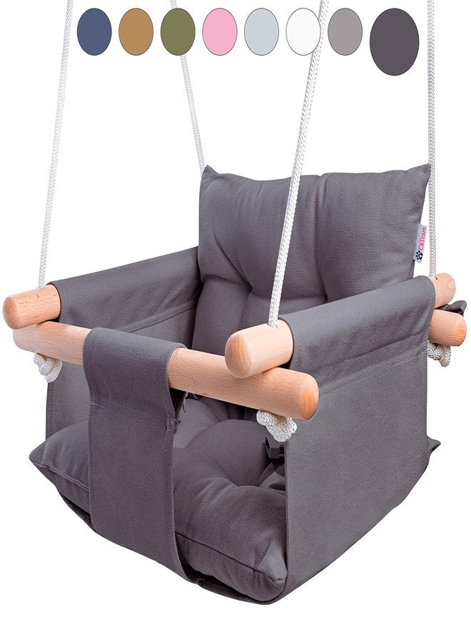 CaTeam - Canvas Baby Swing, Wooden Hanging Swing Seat Chair with Safety Belt, Durable Baby Swing Chair, Outdoor and Indoor Swing for Kids, Mounting Hardware Included, Dark Gray - Image 1