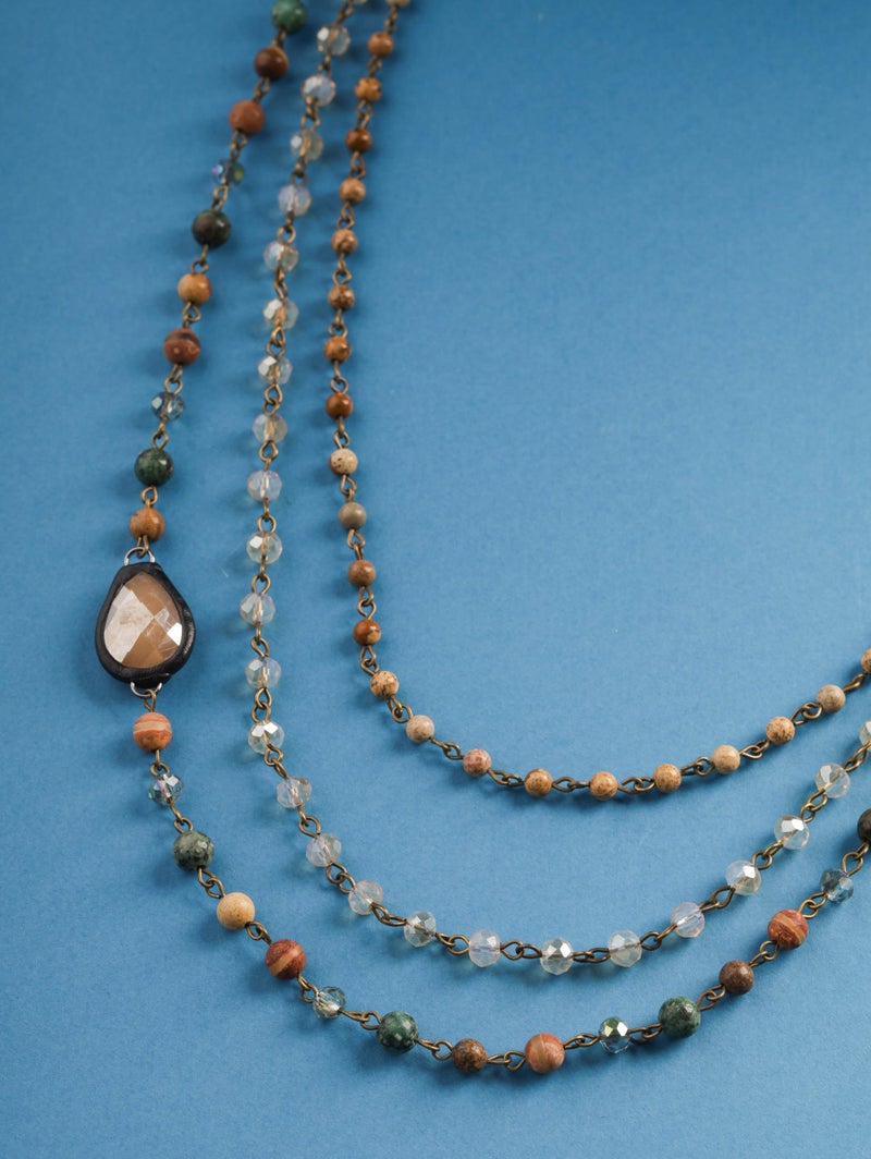 MINACHI Boho Layered Stone Bead Necklace, Handmade Multi Strand Jewelry with Teardrop Pendant, Vintage Earth Tone Necklace for Women - Image 5