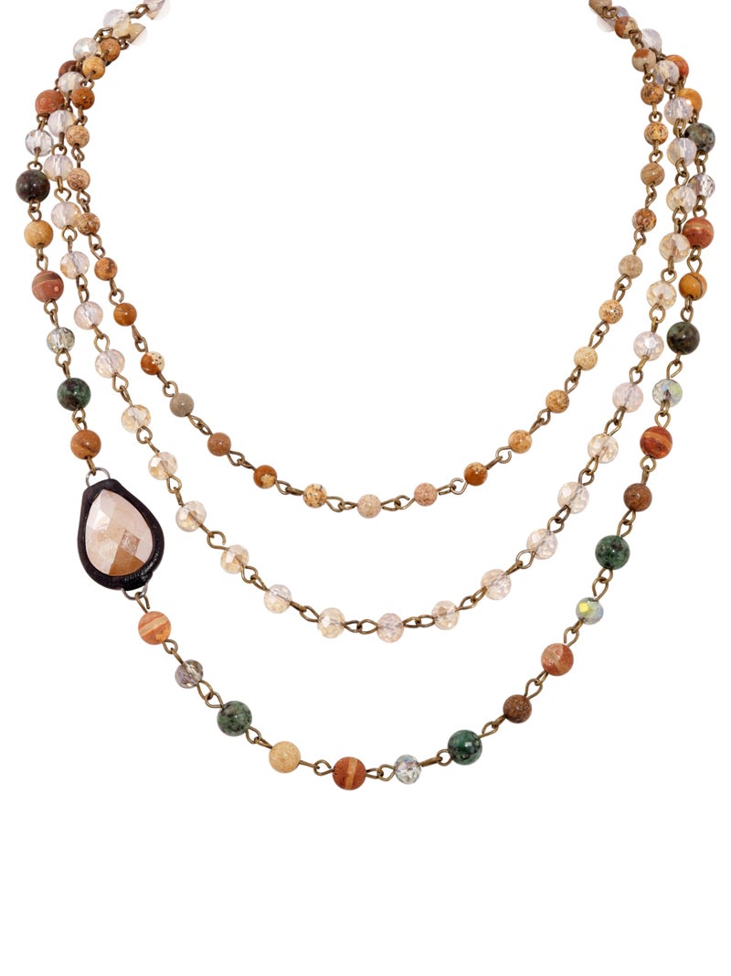 MINACHI Boho Layered Stone Bead Necklace, Handmade Multi Strand Jewelry with Teardrop Pendant, Vintage Earth Tone Necklace for Women - Image 1