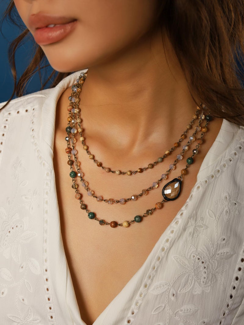 MINACHI Boho Layered Stone Bead Necklace, Handmade Multi Strand Jewelry with Teardrop Pendant, Vintage Earth Tone Necklace for Women - Image 2