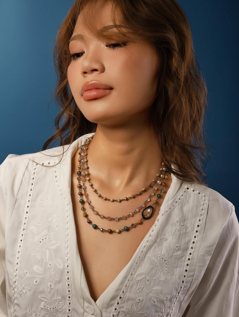 MINACHI Boho Layered Stone Bead Necklace, Handmade Multi Strand Jewelry with Teardrop Pendant, Vintage Earth Tone Necklace for Women - Image 3