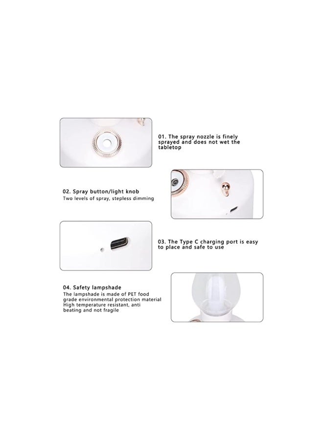 Portable USB Rechargeable Air Humidifier, 280ML Wireless Aromatherapy Diffuser with Vintage Lamp Night Light, 1200mAh Battery, Auto Shut-Off, Type-C - White - Image 4