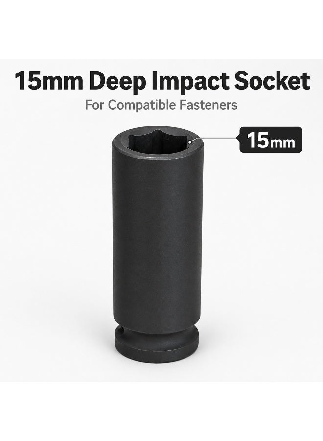 15mm Deep Impact Socket, 1/2 Inch Drive 6 Point Cr-Mo Steel Socket for Impact Wrench, Ratchet, Breaker Bar and Automotive Repair - Image 2