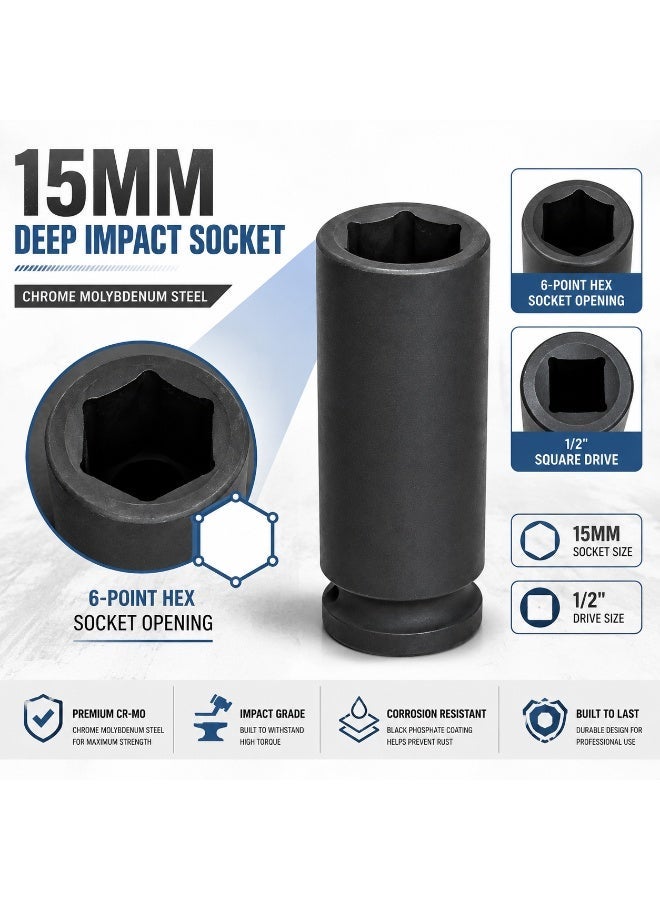 15mm Deep Impact Socket, 1/2 Inch Drive 6 Point Cr-Mo Steel Socket for Impact Wrench, Ratchet, Breaker Bar and Automotive Repair - Image 3